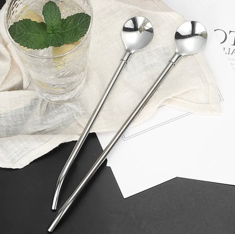 Stainless Steel Elbow Tube Straw Spoon, Portable Coffee Teaspoon, Long Handled Portable Mixing Spoon