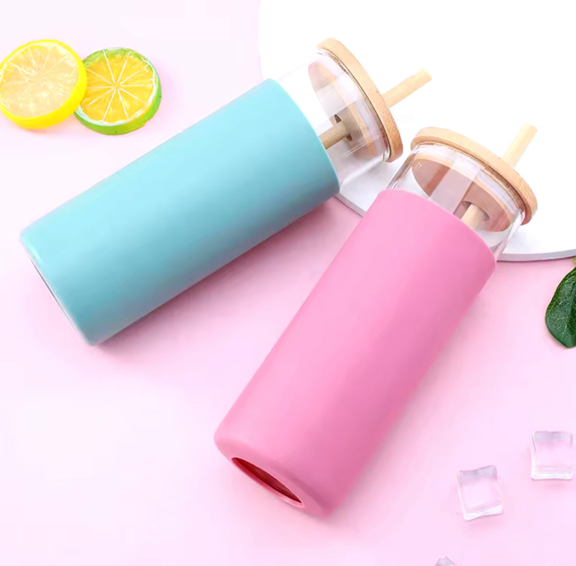 500ML Tumbler Glass Water Bottle, Silicone Bamboo Glass Cup with Straw, High Borosilicate Glass Water Bottle