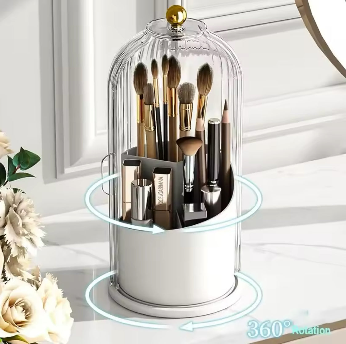 Acrylic Makeup Brush Holder, Rotatable Makeup Brush Organizer, Tabletop Cosmetic Storage Box