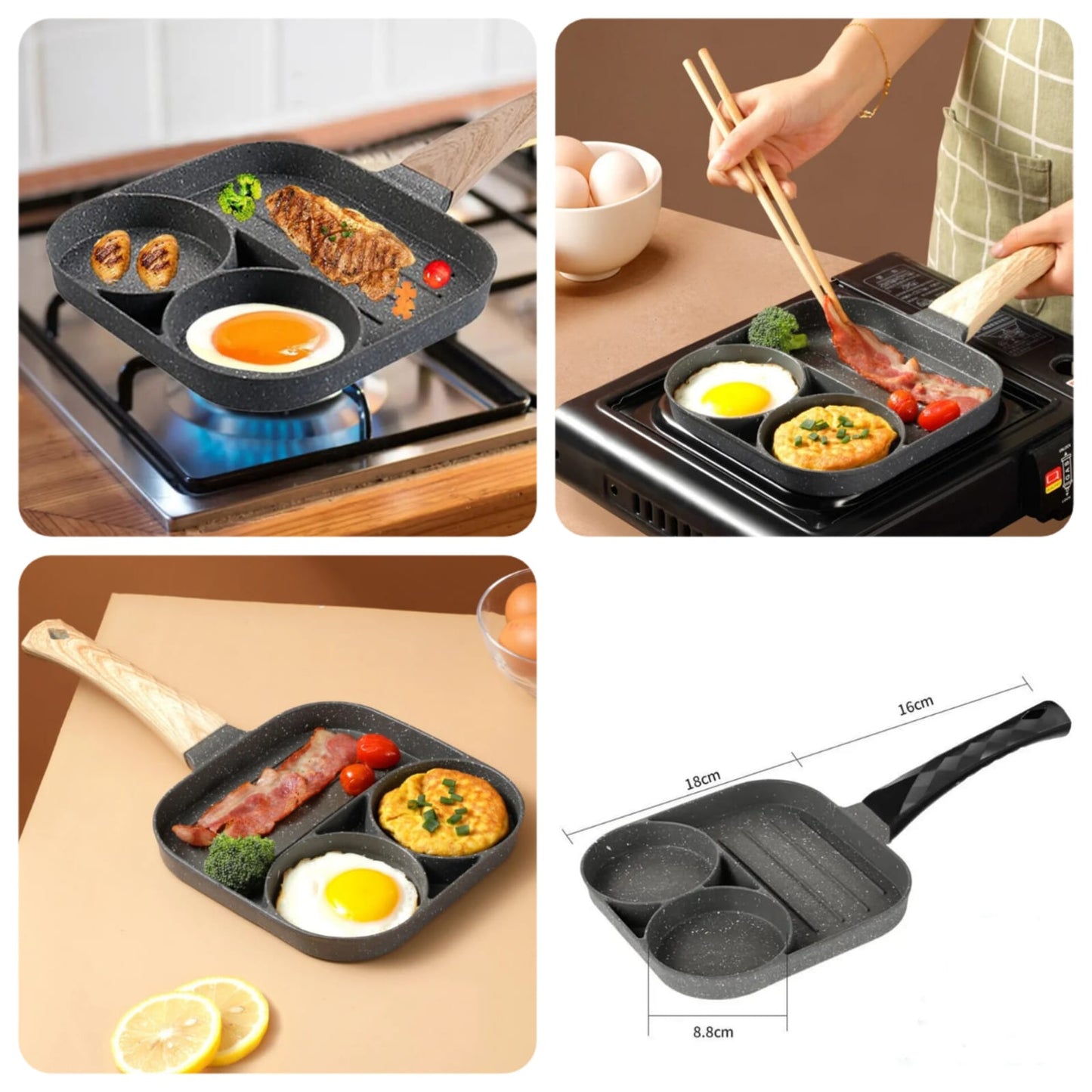 3 Compartment Frying Pot Pan, Non-Stick Egg Pancake Steak Pan, Household Breakfast Maker Pan