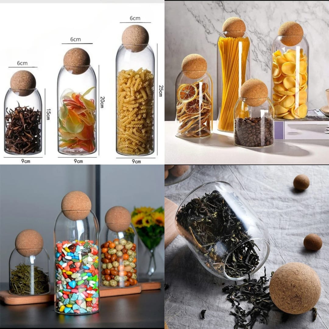 3Pcs Glass Food Storage Bottle, Round Cork Stopper Glass Pot, Coffee Beans Storage Bottle