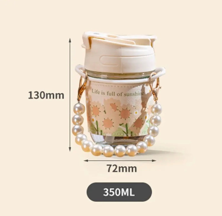 Thermal Mini Coffee And Water Bottle, Portable Glass Straw Cup, Dual Drinking Pearl Bracelet Cup