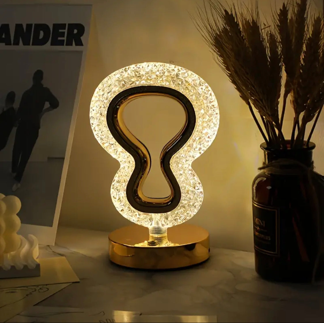 Halogen Decorated Crystal Table Lamp, Acrylic Border Bedside Night Light, Elegant Nightstand Lamp