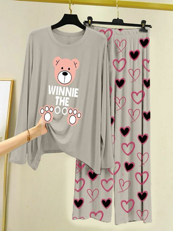 Printed Night Suit With Trouser, Sleep Wear Comfy Dress For Women, Cute Cartoon design Shirts And Heart Print Trouser