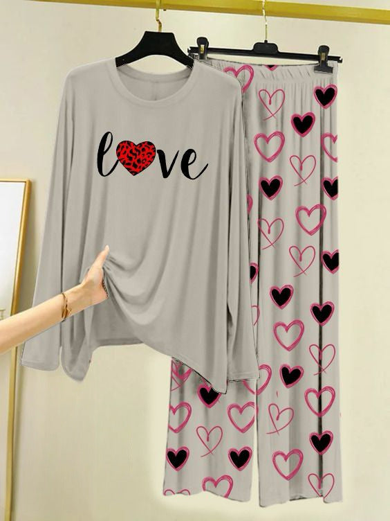 Printed Night Suit With Trouser, Sleep Wear Comfy Dress For Women, Cute Cartoon design Shirts And Heart Print Trouser