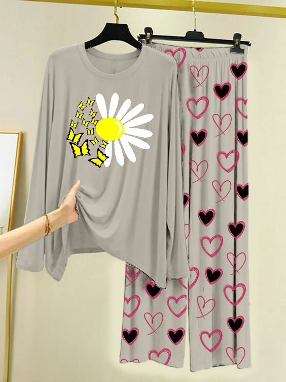 Printed Night Suit With Trouser, Sleep Wear Comfy Dress For Women, Cute Cartoon design Shirts And Heart Print Trouser