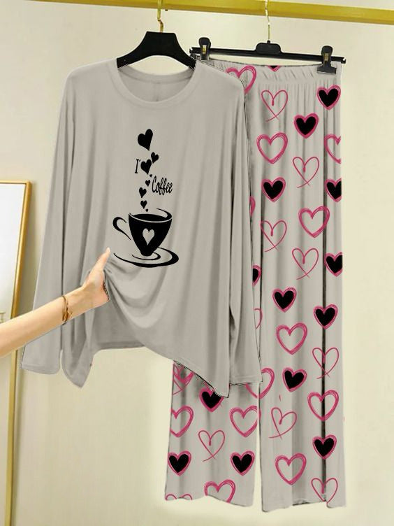 Printed Night Suit With Trouser, Sleep Wear Comfy Dress For Women, Cute Cartoon design Shirts And Heart Print Trouser