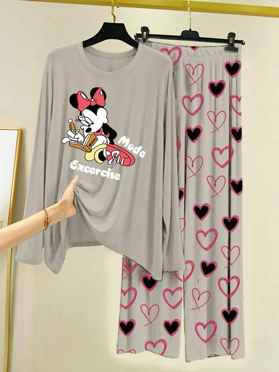 Printed Night Suit With Trouser, Sleep Wear Comfy Dress For Women, Cute Cartoon design Shirts And Heart Print Trouser