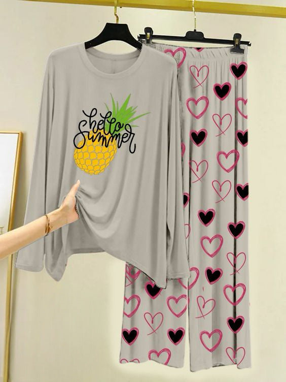 Printed Night Suit With Trouser, Sleep Wear Comfy Dress For Women, Cute Cartoon design Shirts And Heart Print Trouser