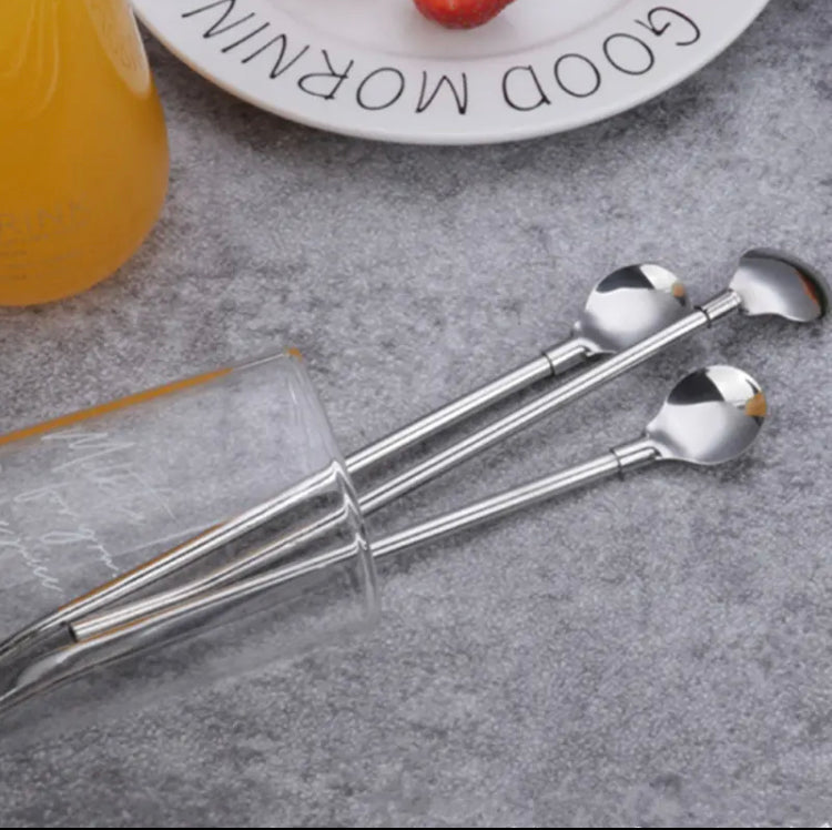 Stainless Steel Elbow Tube Straw Spoon, Portable Coffee Teaspoon, Long Handled Portable Mixing Spoon