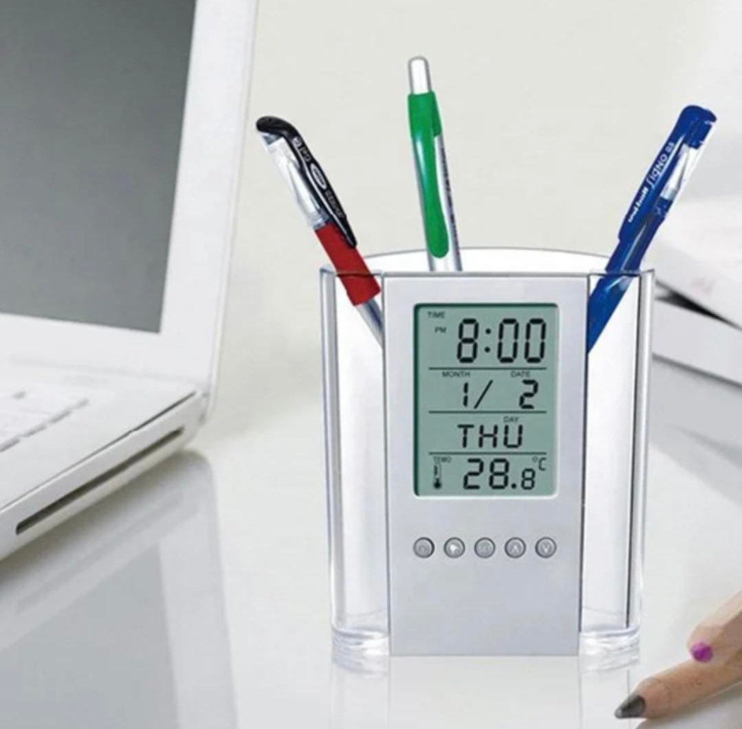 LCD Digital Alarm Clock Desk Pencil Pen Holder, Multi Function Pen Holder with Digital Time Clock, Perpetual Calendar Pen Holder