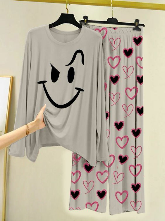 Printed Night Suit With Trouser, Sleep Wear Comfy Dress For Women, Cute Cartoon design Shirts And Heart Print Trouser