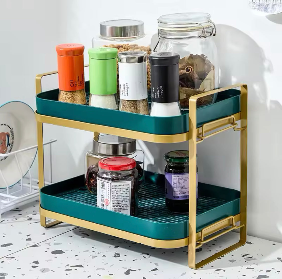 Double Deck Kitchen Countertop Rack, 2 Tiers Cups Mugs Drying Rack With Drip Tray, Spice Jars Countertop Organizer