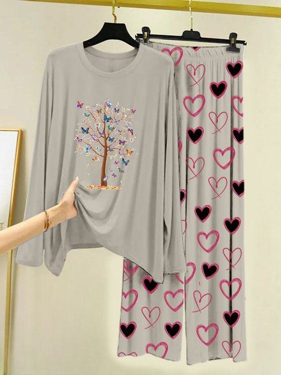 Printed Night Suit With Trouser, Sleep Wear Comfy Dress For Women, Cute Cartoon design Shirts And Heart Print Trouser