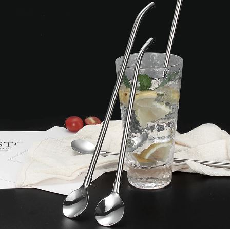 Stainless Steel Elbow Tube Straw Spoon, Portable Coffee Teaspoon, Long Handled Portable Mixing Spoon