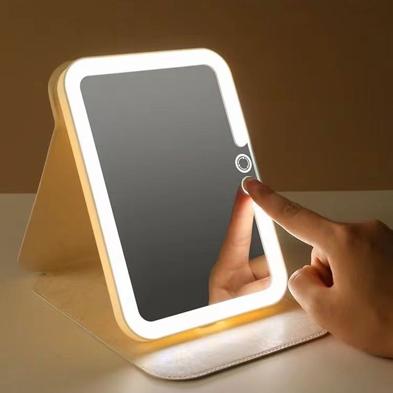 LED Rechargeable Makeup Mirror, Square Leather Portable Folding Travel Mirror, One Click Automatic Mirror