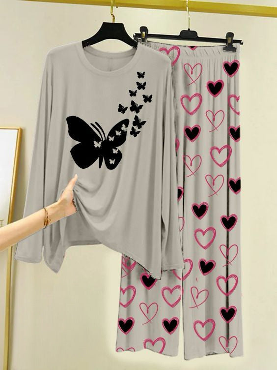 Printed Night Suit With Trouser, Sleep Wear Comfy Dress For Women, Cute Cartoon design Shirts And Heart Print Trouser