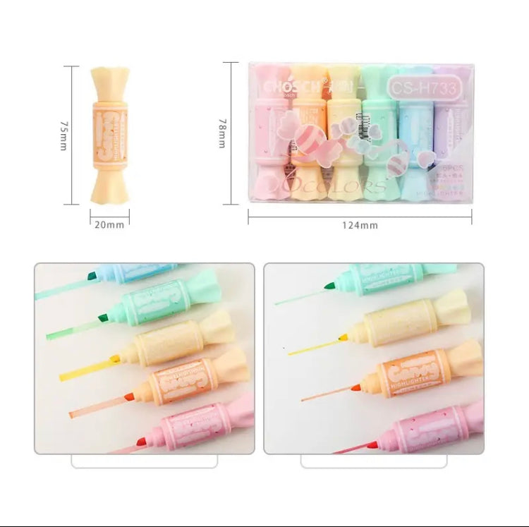 6pcs Mini Candy Shape Color Highlighters, Cartoon Candy Doodle Line Drawing Pen, Sugar Candy Color Highlighters