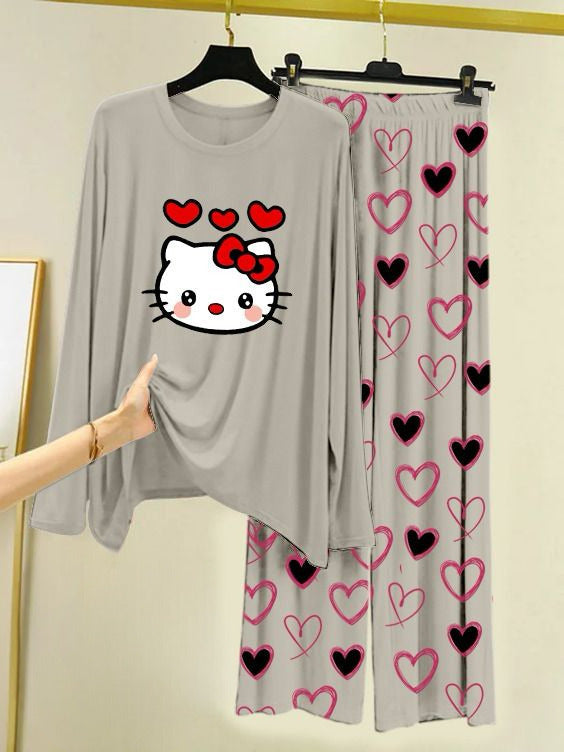 Printed Night Suit With Trouser, Sleep Wear Comfy Dress For Women, Cute Cartoon design Shirts And Heart Print Trouser