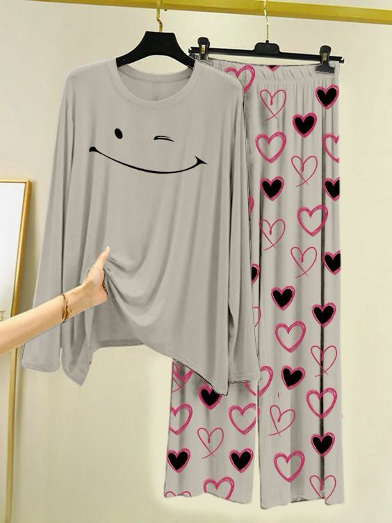 Printed Night Suit With Trouser, Sleep Wear Comfy Dress For Women, Cute Cartoon design Shirts And Heart Print Trouser