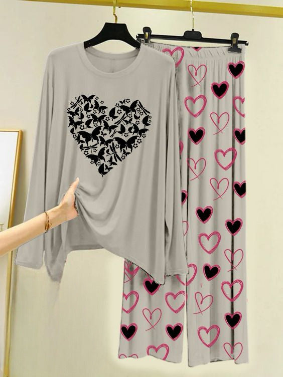 Printed Night Suit With Trouser, Sleep Wear Comfy Dress For Women, Cute Cartoon design Shirts And Heart Print Trouser