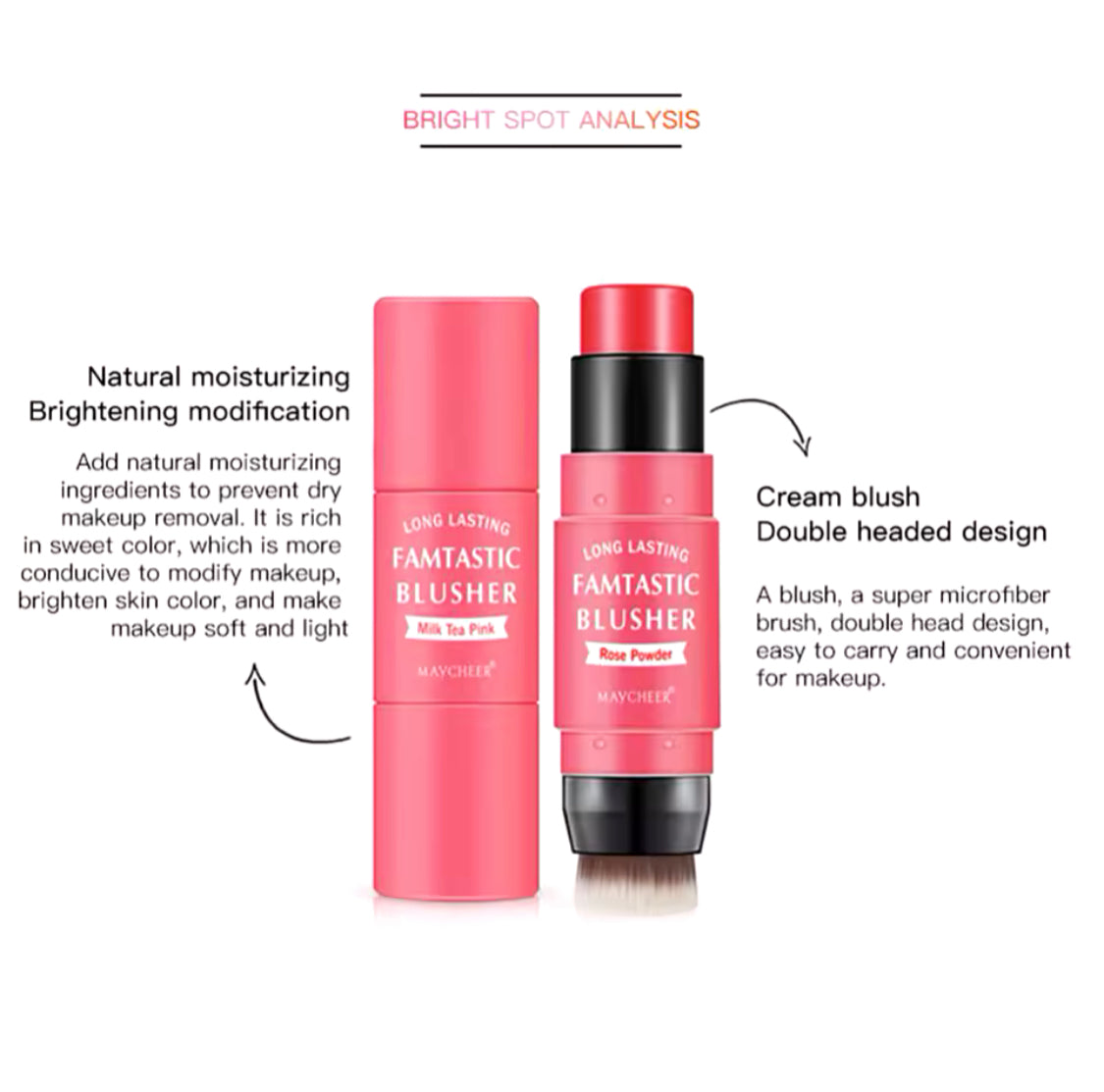 Double Ended Blush Stick With Brush, Waterproof Facial Makeup, Face Moisturizing Brighten Blusher