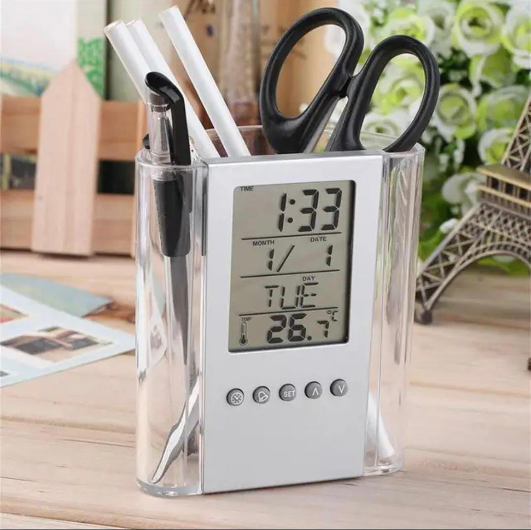 LCD Digital Alarm Clock Desk Pencil Pen Holder, Multi Function Pen Holder with Digital Time Clock, Perpetual Calendar Pen Holder