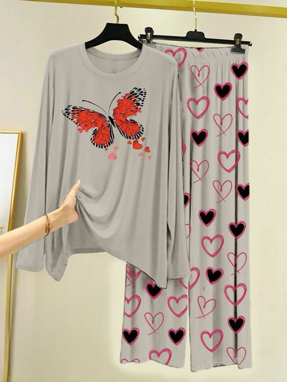 Printed Night Suit With Trouser, Sleep Wear Comfy Dress For Women, Cute Cartoon design Shirts And Heart Print Trouser