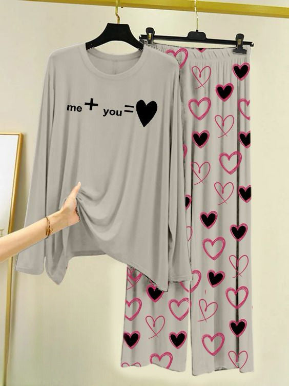 Printed Night Suit With Trouser, Sleep Wear Comfy Dress For Women, Cute Cartoon design Shirts And Heart Print Trouser