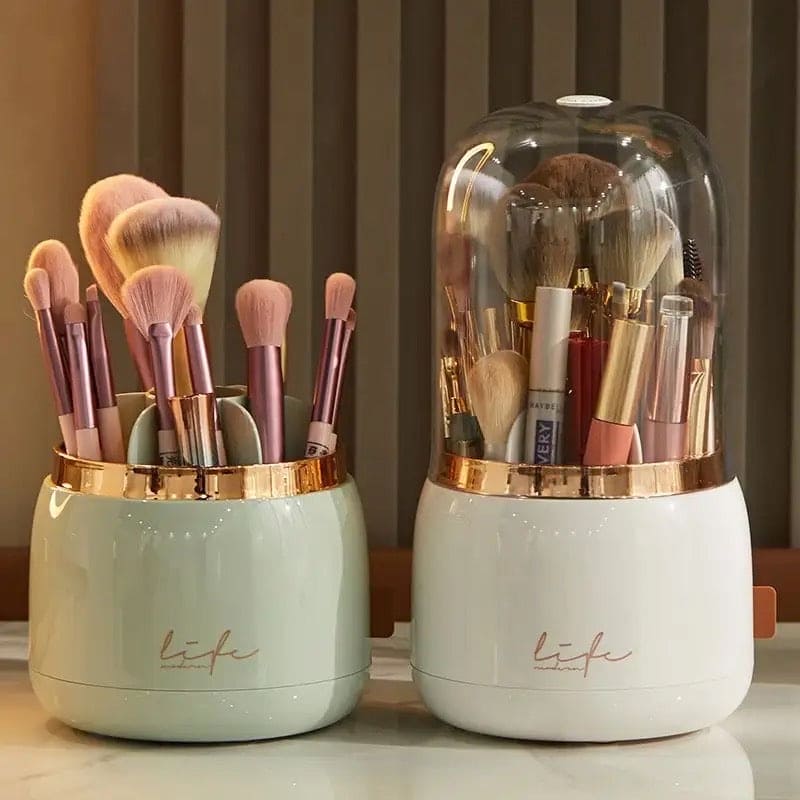 Fancy 360° Rotating Makeup Brushes Holder, Portable Desktop Makeup Brush Organizer With Lid, Desktop Makeup Brush Storage Bucket, Lipstick Eyebrow Pencil Holder, Vanity Dressing Table Brush Display Box, Acrylic Dust Free Waterproof Makeup Container