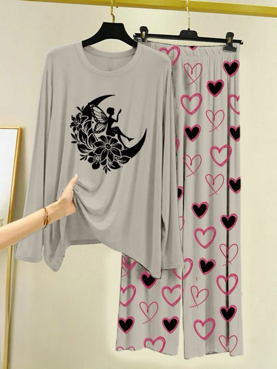 Printed Night Suit With Trouser, Sleep Wear Comfy Dress For Women, Cute Cartoon design Shirts And Heart Print Trouser