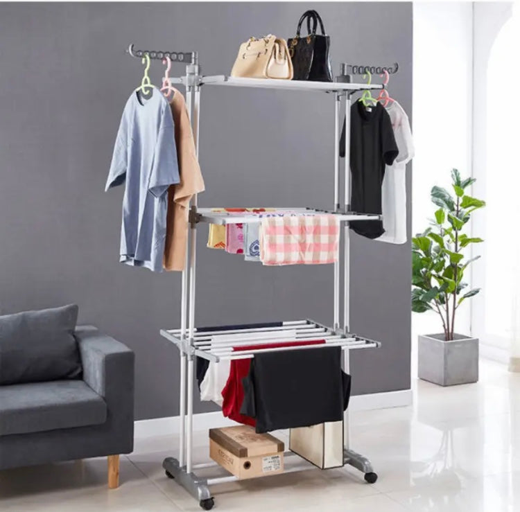 Multifunctional Drying Rack, Moveable Clothes Hanger Rack, Floor Standing Coat Rack With Wheels Space Saving Rack