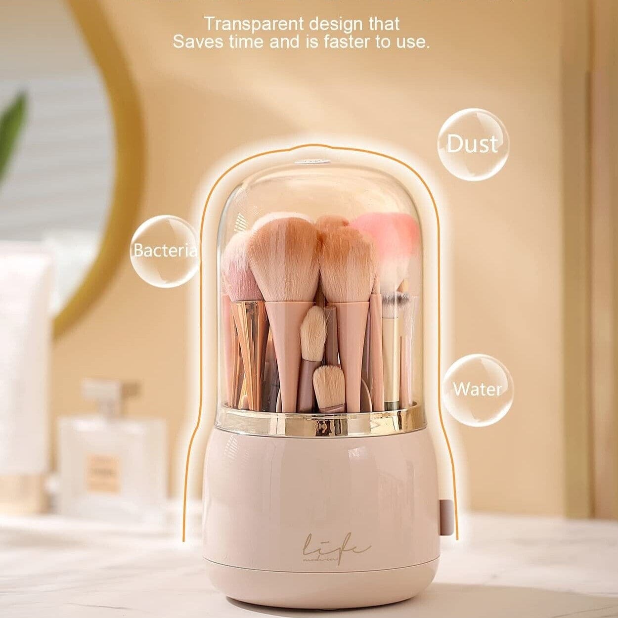 Fancy 360° Rotating Makeup Brushes Holder, Portable Desktop Makeup Brush Organizer With Lid, Desktop Makeup Brush Storage Bucket, Lipstick Eyebrow Pencil Holder, Vanity Dressing Table Brush Display Box, Acrylic Dust Free Waterproof Makeup Container