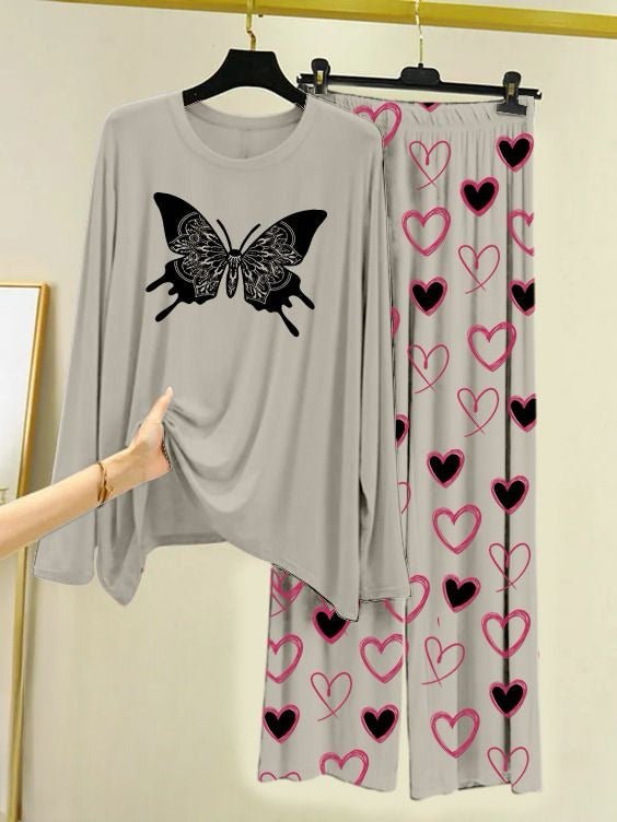 Printed Night Suit With Trouser, Sleep Wear Comfy Dress For Women, Cute Cartoon design Shirts And Heart Print Trouser