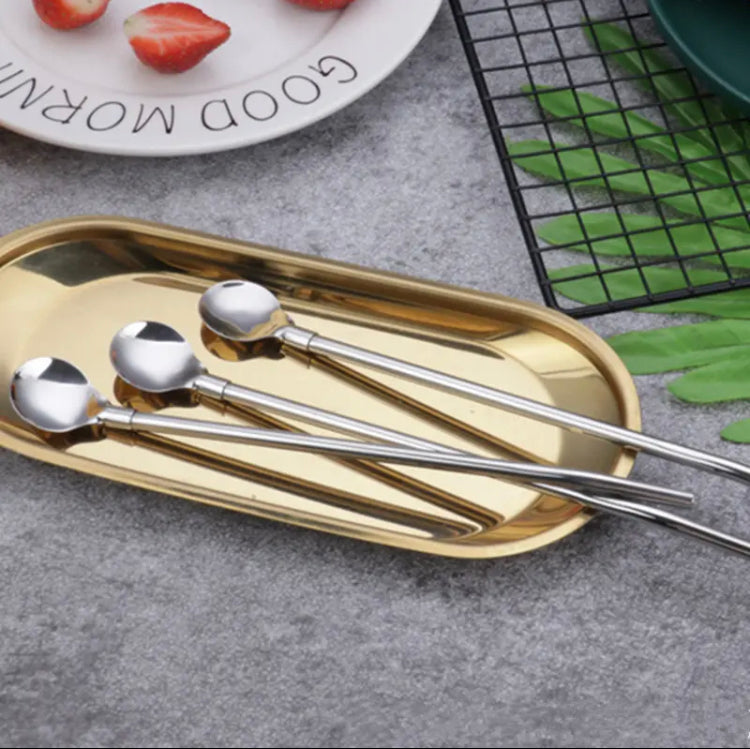 Stainless Steel Elbow Tube Straw Spoon, Portable Coffee Teaspoon, Long Handled Portable Mixing Spoon