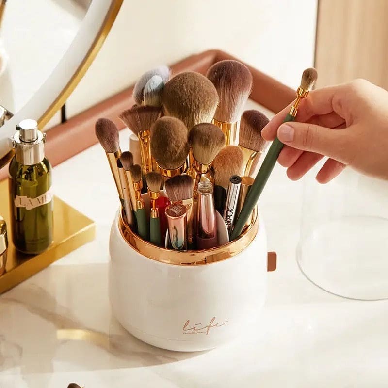 Fancy 360° Rotating Makeup Brushes Holder, Portable Desktop Makeup Brush Organizer With Lid, Desktop Makeup Brush Storage Bucket, Lipstick Eyebrow Pencil Holder, Vanity Dressing Table Brush Display Box, Acrylic Dust Free Waterproof Makeup Container