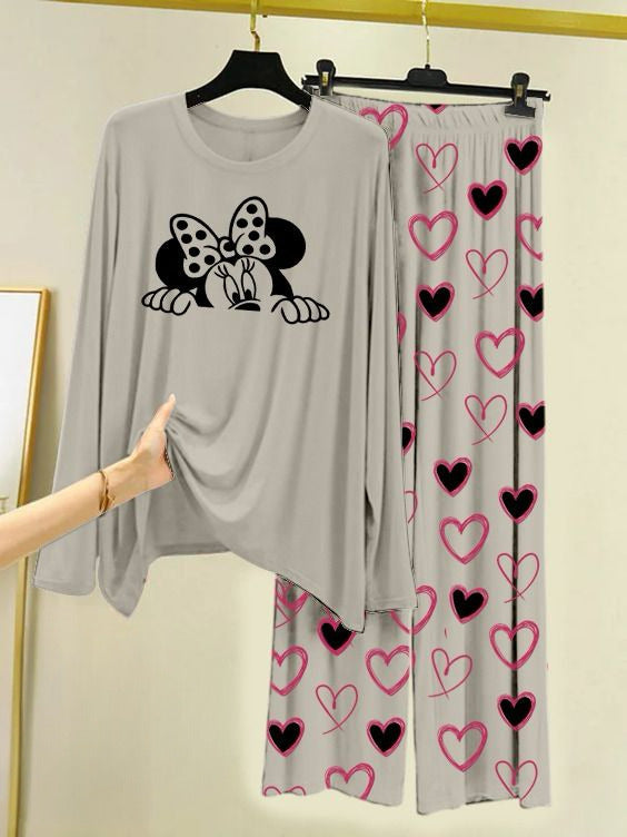 Printed Night Suit With Trouser, Sleep Wear Comfy Dress For Women, Cute Cartoon design Shirts And Heart Print Trouser