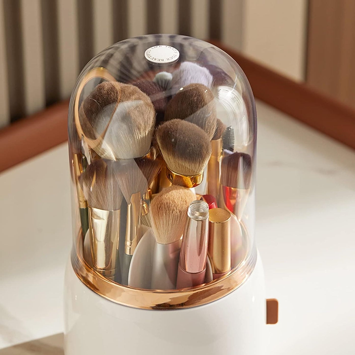 Fancy 360° Rotating Makeup Brushes Holder, Portable Desktop Makeup Brush Organizer With Lid, Desktop Makeup Brush Storage Bucket, Lipstick Eyebrow Pencil Holder, Vanity Dressing Table Brush Display Box, Acrylic Dust Free Waterproof Makeup Container