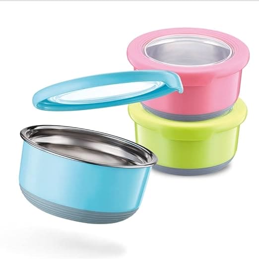 Set Of 3 Bento Bowl, Stainless Steel Round Food Container, Portable Leakproof Lunch Box, Food Silicone Bento Lunch Box For Kids, Instant Noodle Bowl Food Container, Collapsible Food Container with Lid, Stainless Steel Non-Slip Crisper