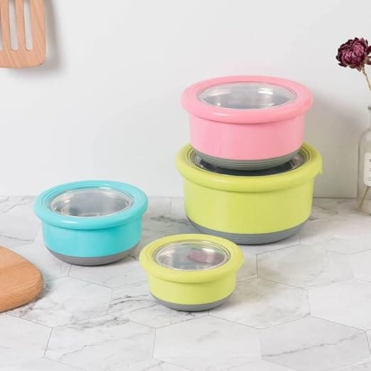 Set Of 3 Bento Bowl, Stainless Steel Round Food Container, Portable Leakproof Lunch Box, Food Silicone Bento Lunch Box For Kids, Instant Noodle Bowl Food Container, Collapsible Food Container with Lid, Stainless Steel Non-Slip Crisper