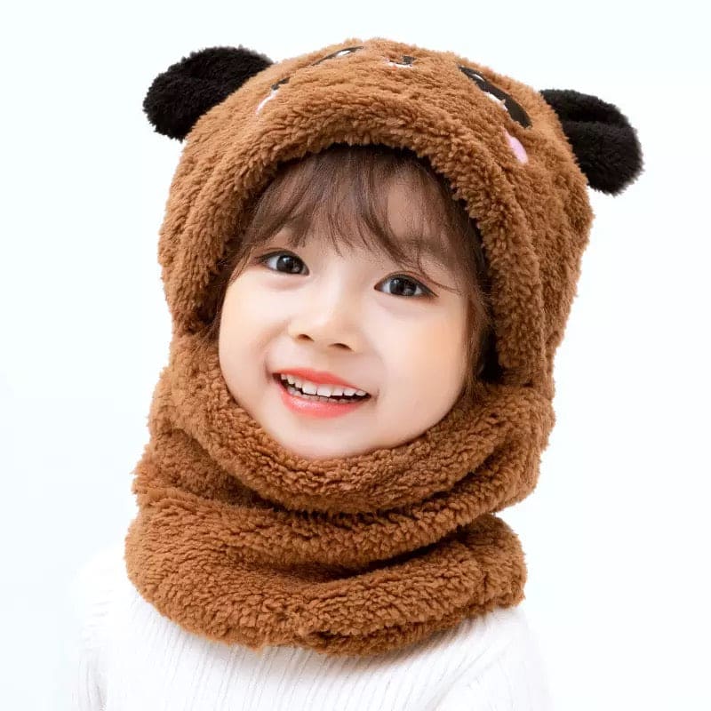 2 Pcs Premium Quality Winter Cute Children Cartoon Scarf Hats, Hooded Scarf Caps, Baby Stuff  Winter hat Plus Fleece Kids Caps, Cartoon Hat For Girls Boys Scarf, Baby Hat Bonnet Beanie