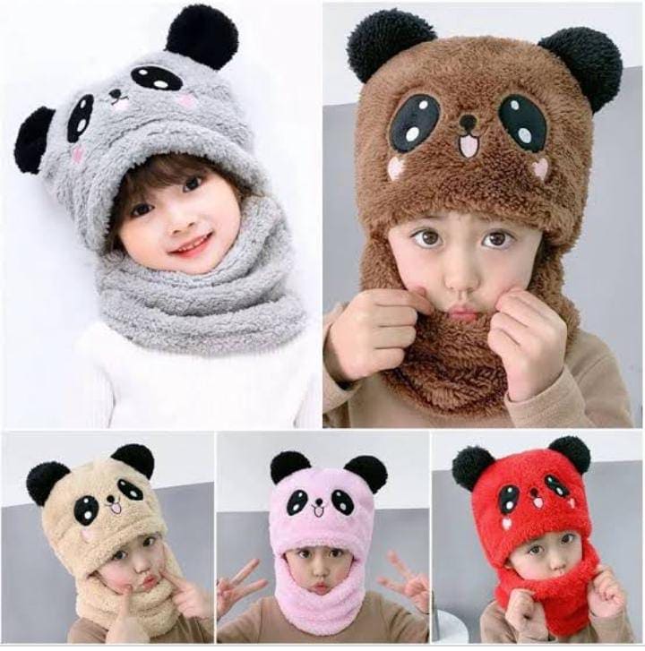 2 Pcs Premium Quality Winter Cute Children Cartoon Scarf Hats, Hooded Scarf Caps, Baby Stuff  Winter hat Plus Fleece Kids Caps, Cartoon Hat For Girls Boys Scarf, Baby Hat Bonnet Beanie