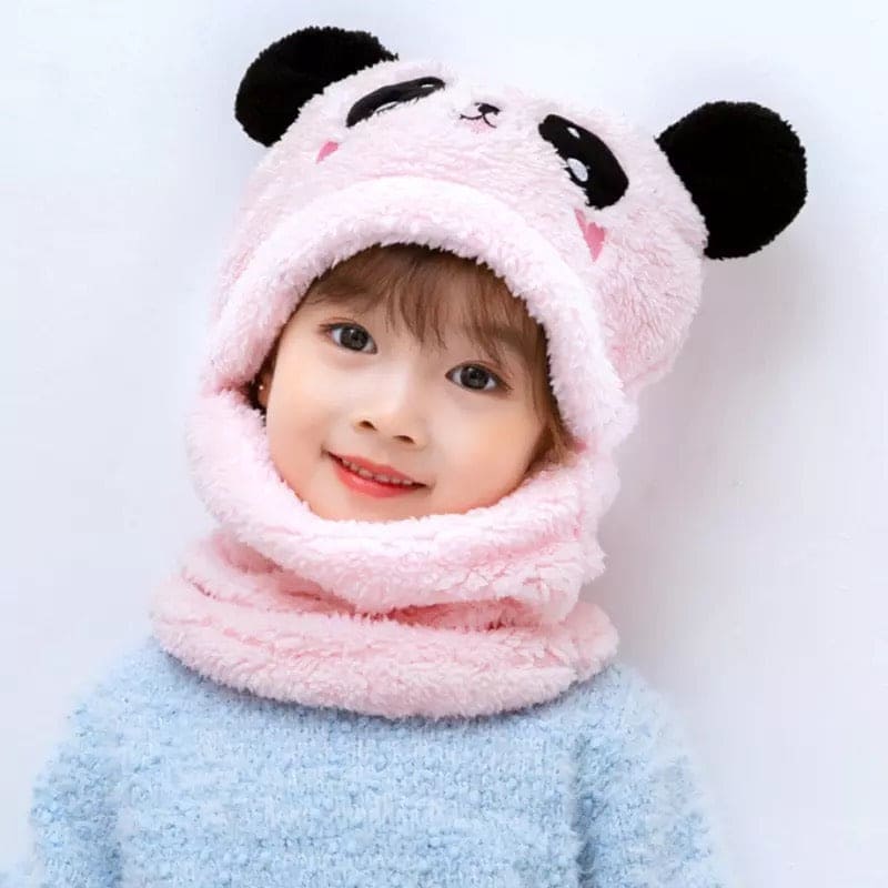 2 Pcs Premium Quality Winter Cute Children Cartoon Scarf Hats, Hooded Scarf Caps, Baby Stuff  Winter hat Plus Fleece Kids Caps, Cartoon Hat For Girls Boys Scarf, Baby Hat Bonnet Beanie